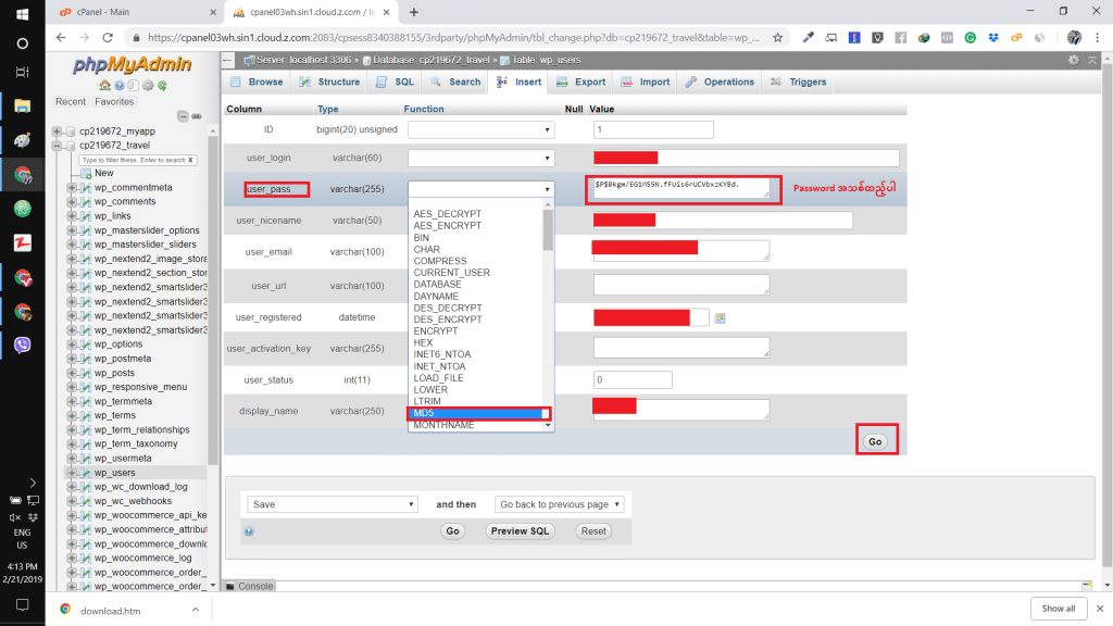 Admin Password ကို phpMyAdmin ဖြင့် Reset ချနည်း - VECTOR Online Learning Platform Myanmar